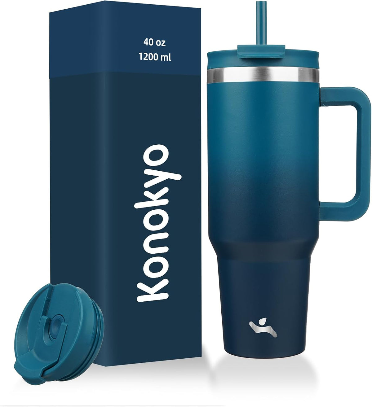 40 oz Insulated Tumbler with Handle, Straw Lid and 2 Straws, 18/8 Stainless Steel, Navy Blue