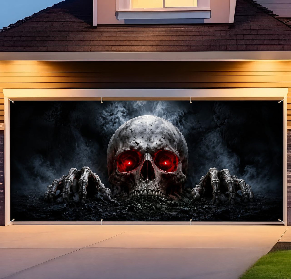 6 x 13 ft Halloween Garage Door Cover, Skull Banner with Red Glowing Eyes
