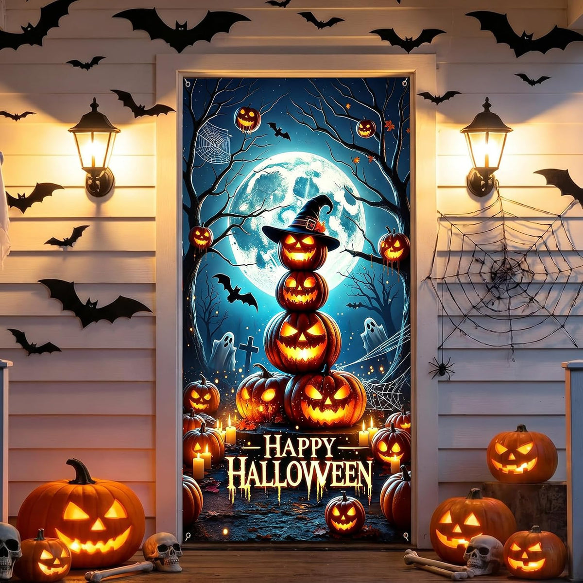 Halloween Door Cover, 80 x 36 in Stacked Pumpkins Happy Halloween Polyester Banner