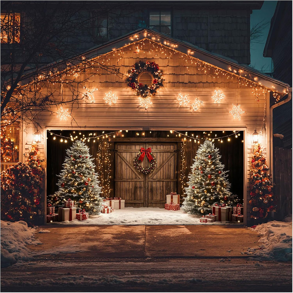 6 x 13 ft Christmas Garage Door Cover, Rustic Wood Wall Banner with Snowflakes and Tree