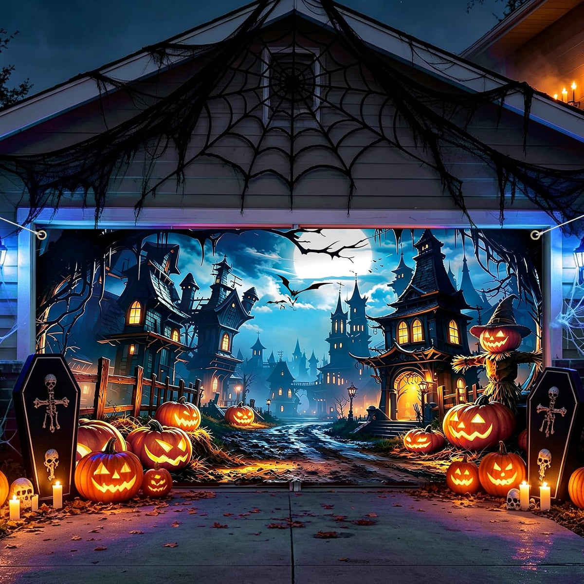 6 x 13 ft Halloween Garage Door Cover Banner, Haunted House Scene