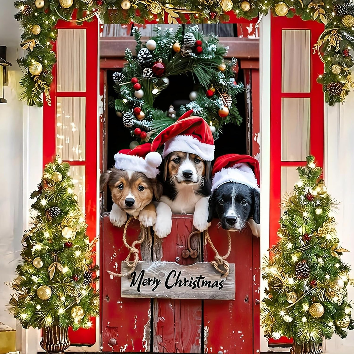 Christmas Door Cover, 35 x 71 in Santa and Puppies Door Banner