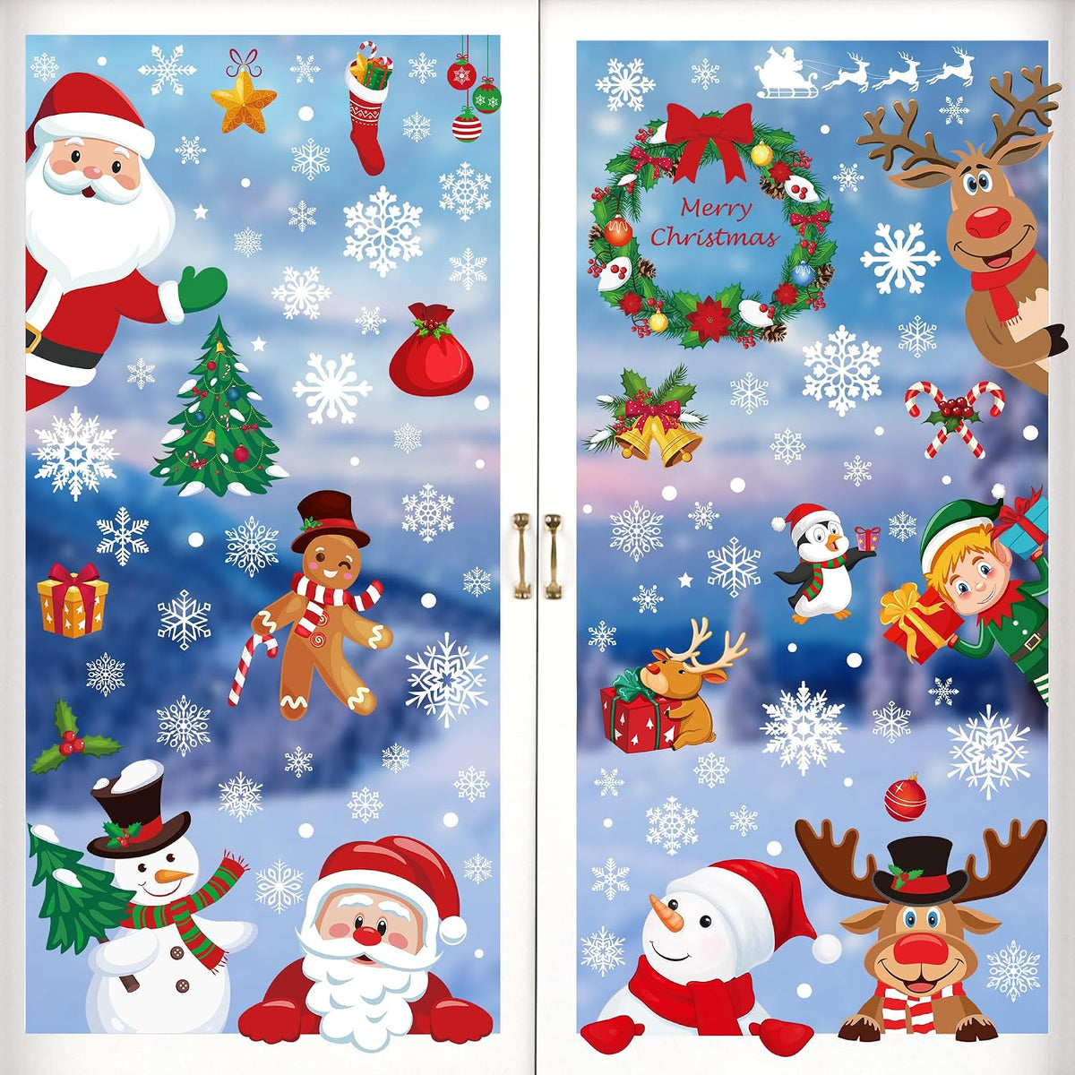 Christmas Window Clings, 9 Sheets with 186 Snowflake, Santa and Snowman Decals