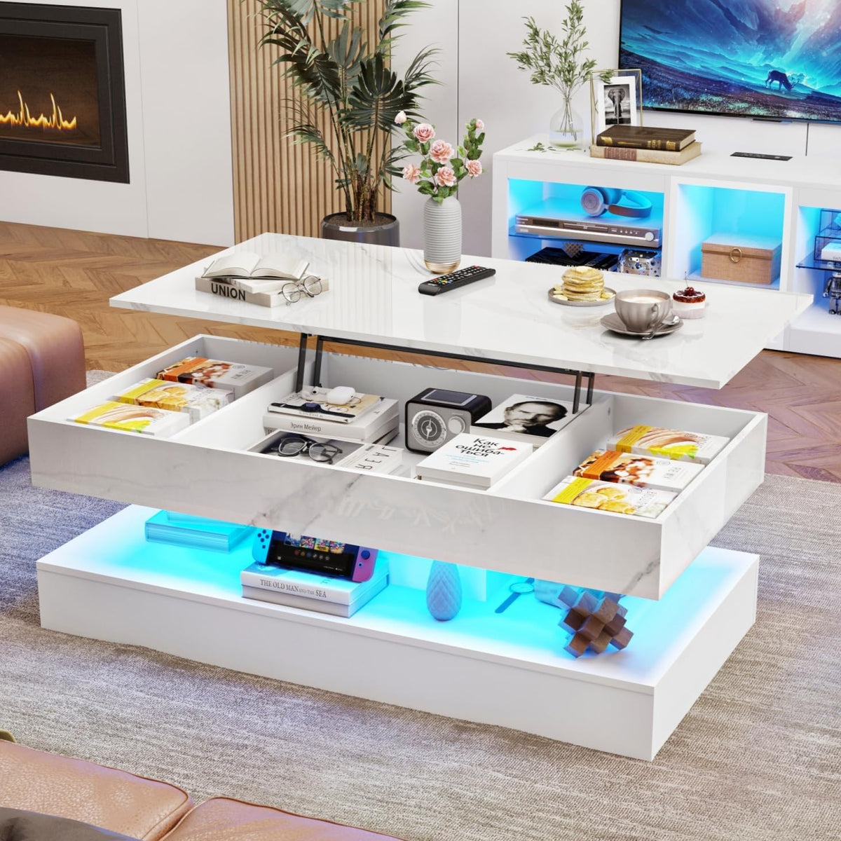 47.2" Lift Top Coffee Table with LED Lights, Charging Station & Hidden Storage, White Marble