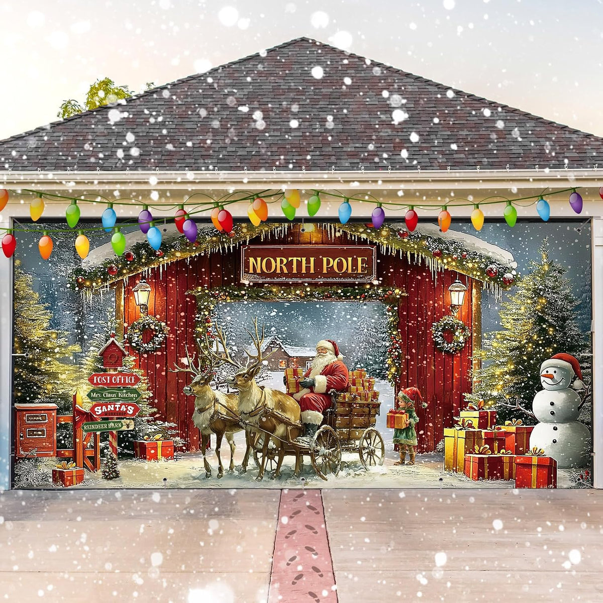 6 x 13 ft Christmas Garage Door Banner, North Pole Snowy Village Backdrop