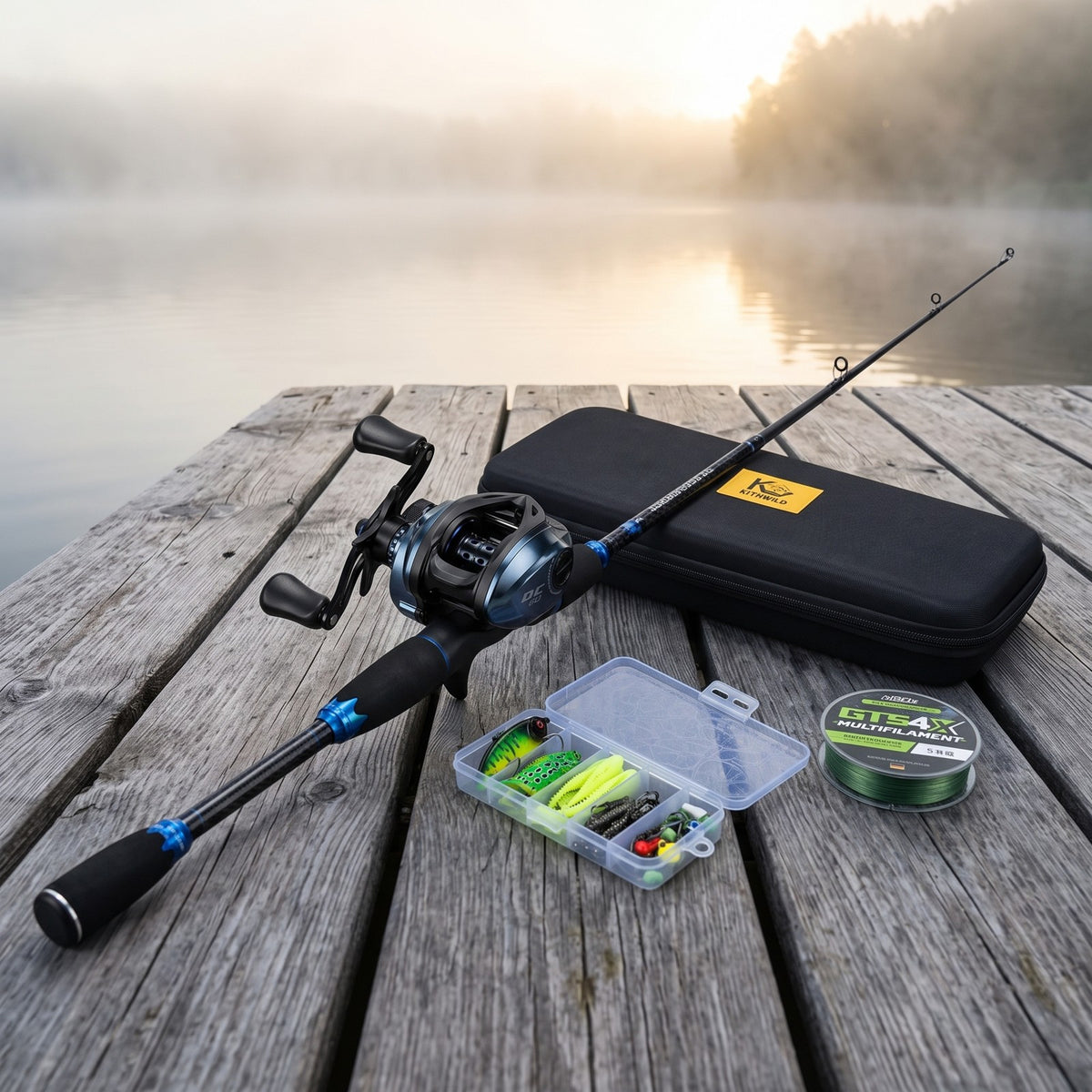 Kithwild DC Baitcasting Combo, 6ft 4-Piece Carbon Travel Rod, Left-Hand DC Reel, Case, Line & Lures