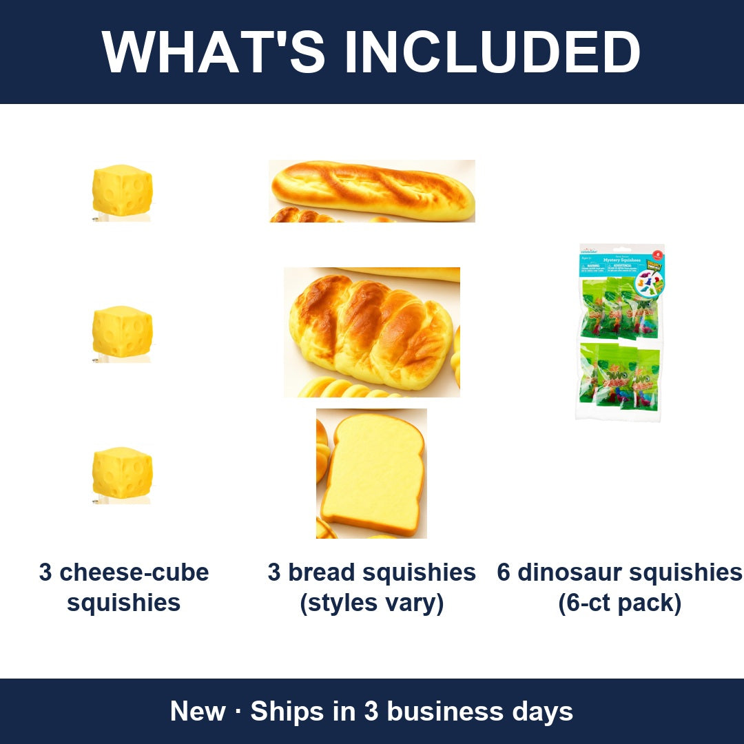 12-Piece Squishy Mystery Box Lot - Cheese, Bread & Dinosaur Squishies