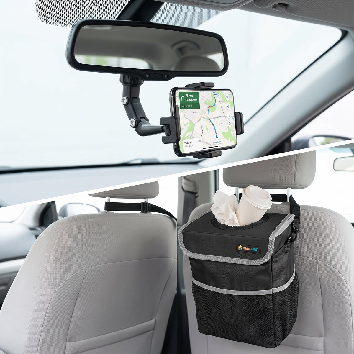 Car Clean & Connected Kit: Rearview Mirror Phone Holder + Seat-Back Car Trash Can