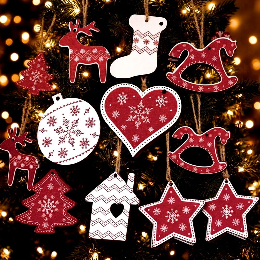 32-Piece Rustic Wooden Christmas Tree Hanging Ornaments, 16 Farmhouse Styles