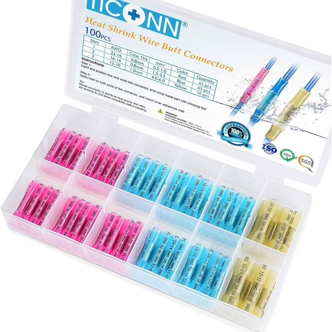 100-Piece Heat Shrink Butt Connectors Kit, Waterproof Crimp Splice Terminals, 22-10 AWG