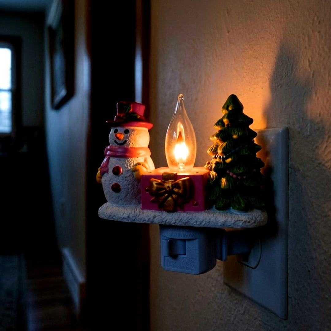 Snowman Christmas Plug-In Night Light, Flickering Campfire Lamp with Swivel Plug