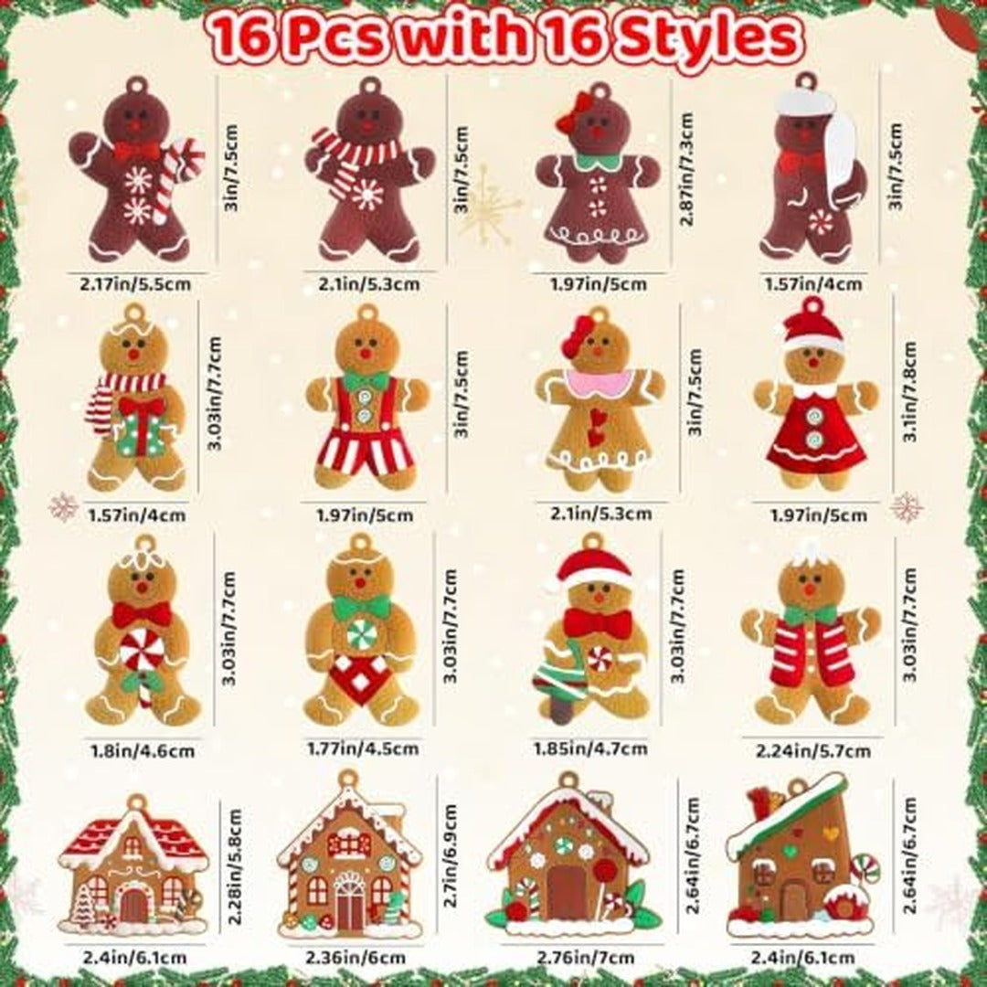 16-Piece Gingerbread Man Christmas Tree Ornaments, Soft Rubber Hanging Decorations