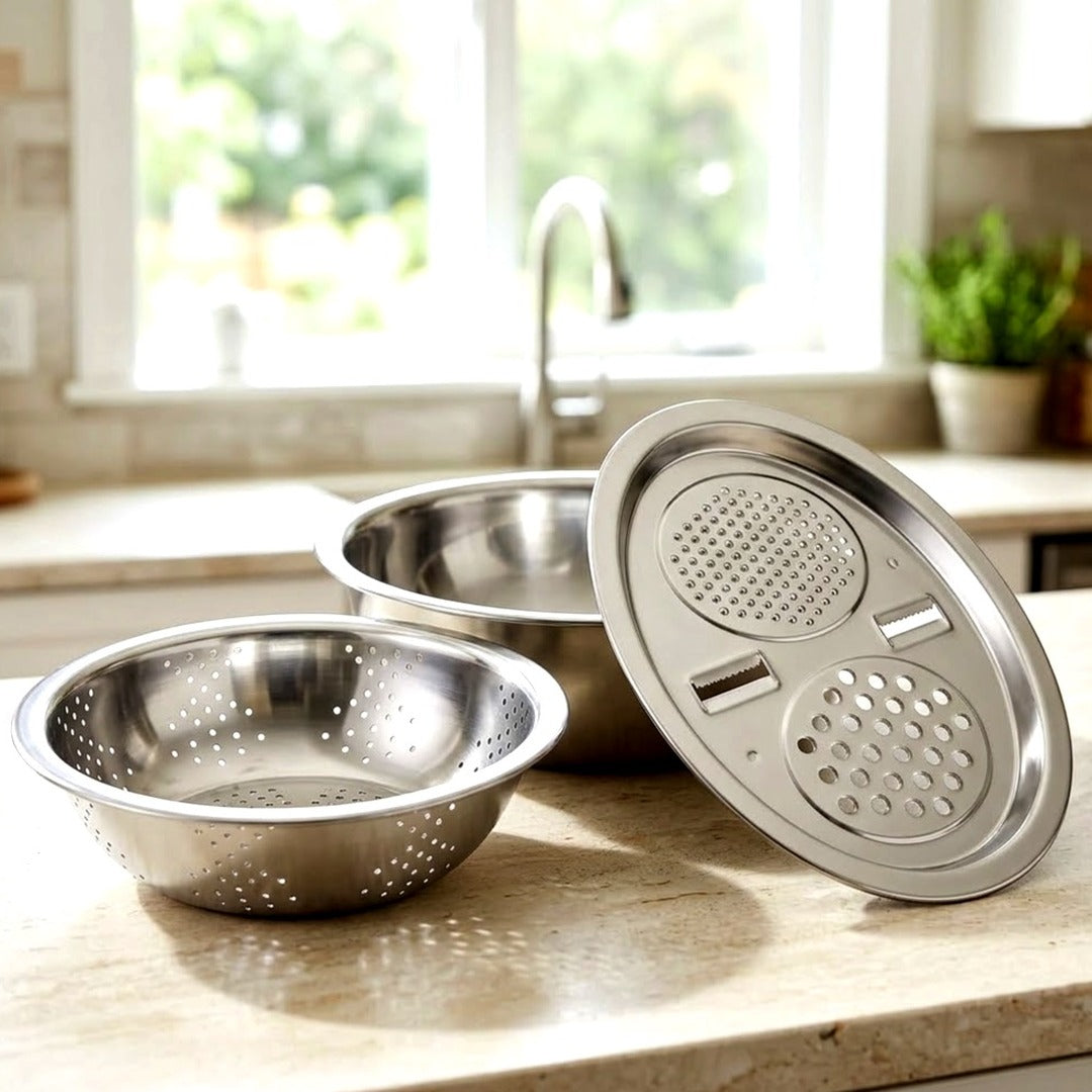 Stainless Steel Colander Strainer Basin Set with Vegetable Grater Plate and Drainer Basket
