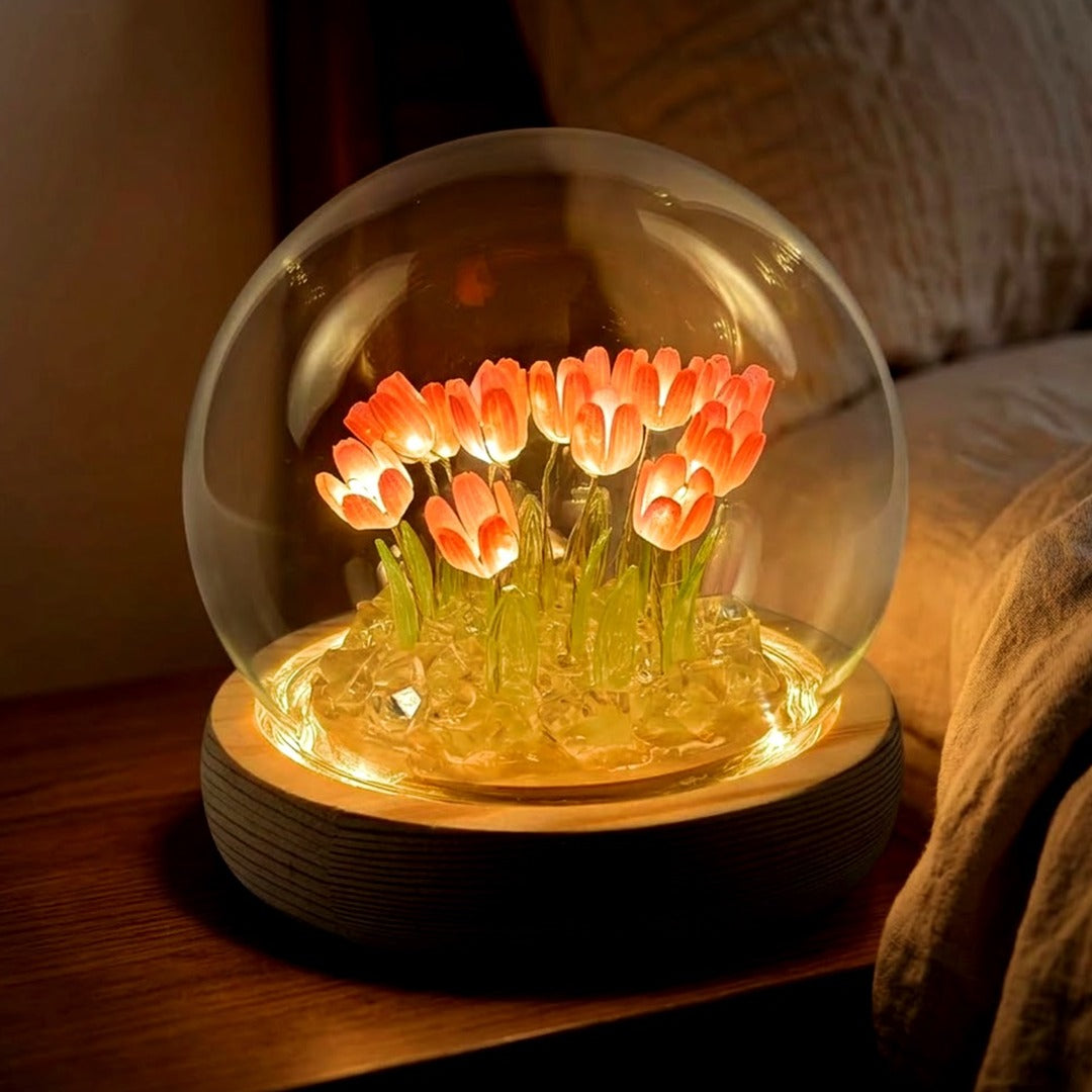 Tulip Flower Lamp with Glass Globe, LED Night Light Gift for Mom, Bedroom & Desk Decor