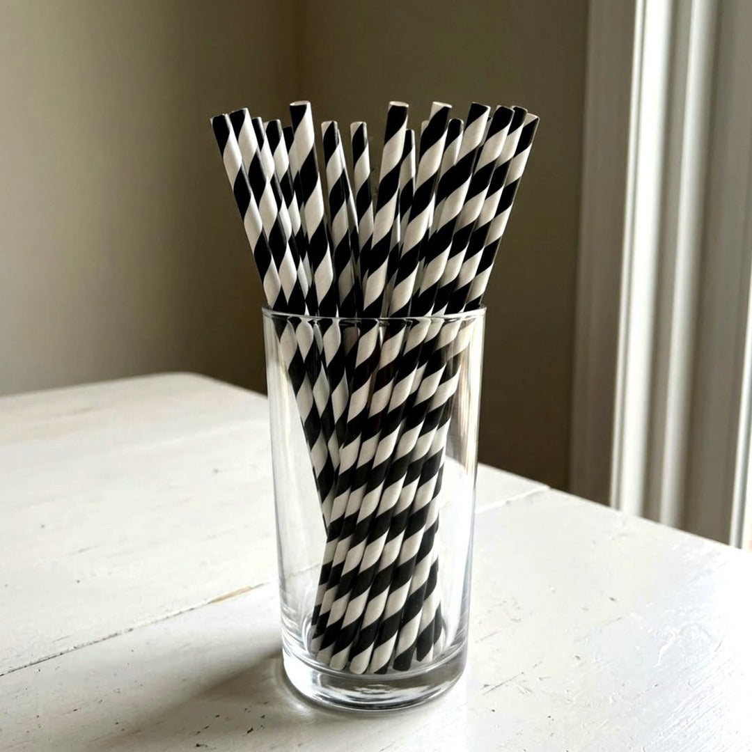 100-Pack Black and White Striped Paper Straws, 7.75 Inch Compostable Drinking Straws