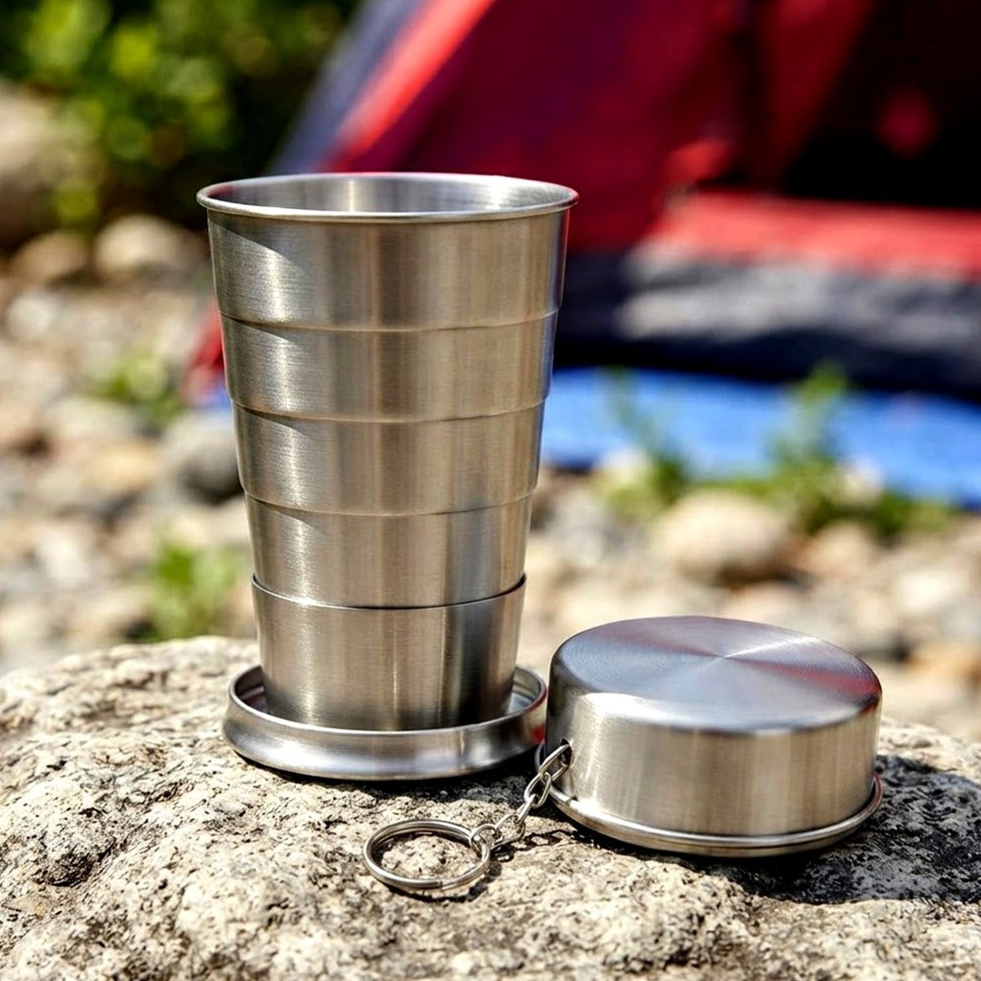 Stainless Steel Collapsible Travel Cup with Keychain Lid, 8.45 oz Folding Camping Mug