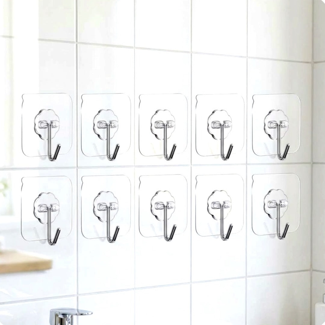 10-Pack Heavy Duty Adhesive Wall Hooks, Clear Waterproof Towel & Coat Hooks