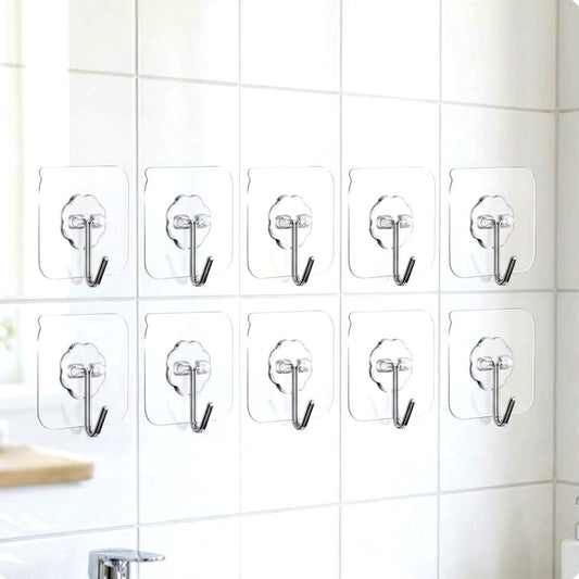 10-Pack Heavy Duty Adhesive Wall Hooks, Clear Waterproof Towel & Coat Hooks