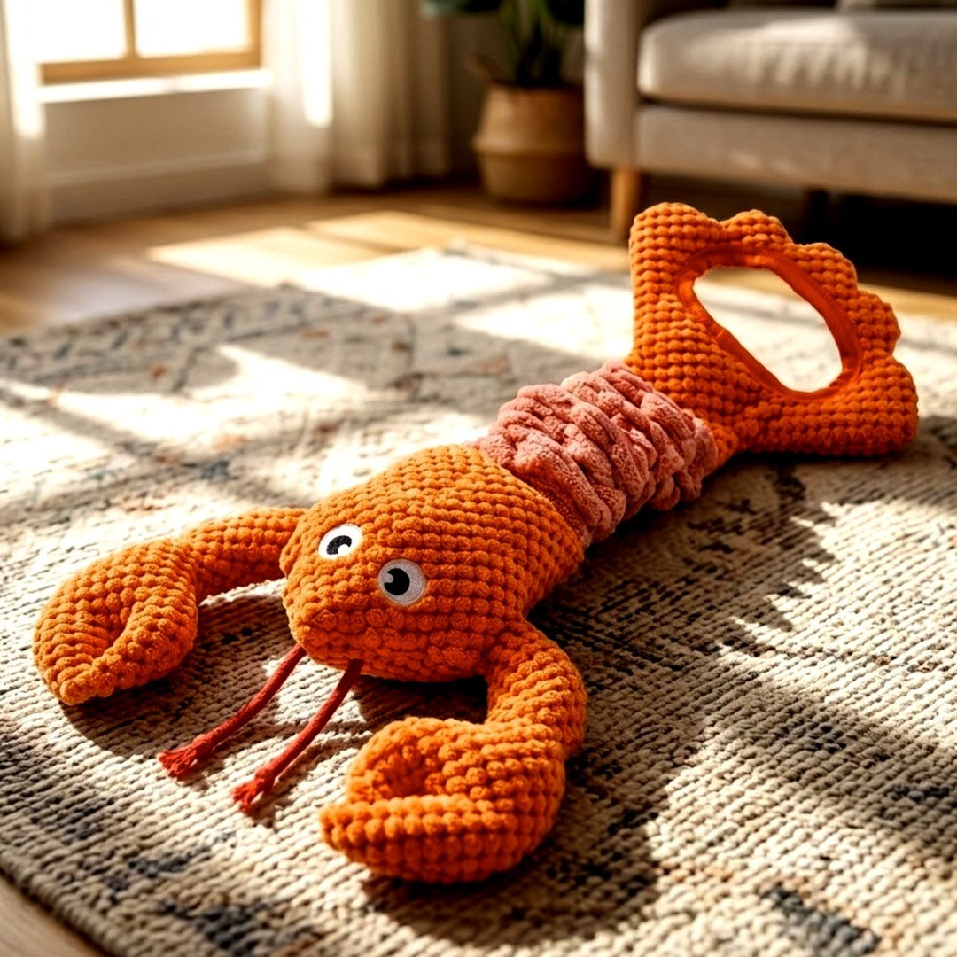 Lobster Plush Squeaky Dog Toy with Stretchy Tug Band, Interactive Chew Toy