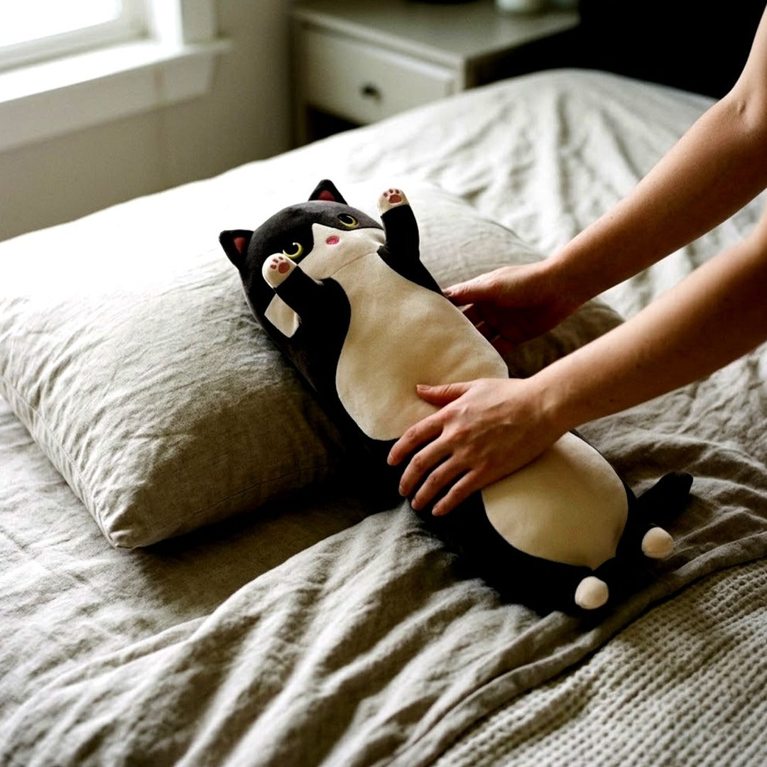 Black Cat Long Plush Pillow, 18 Inch Stuffed Animal Sleeping Throw Pillow