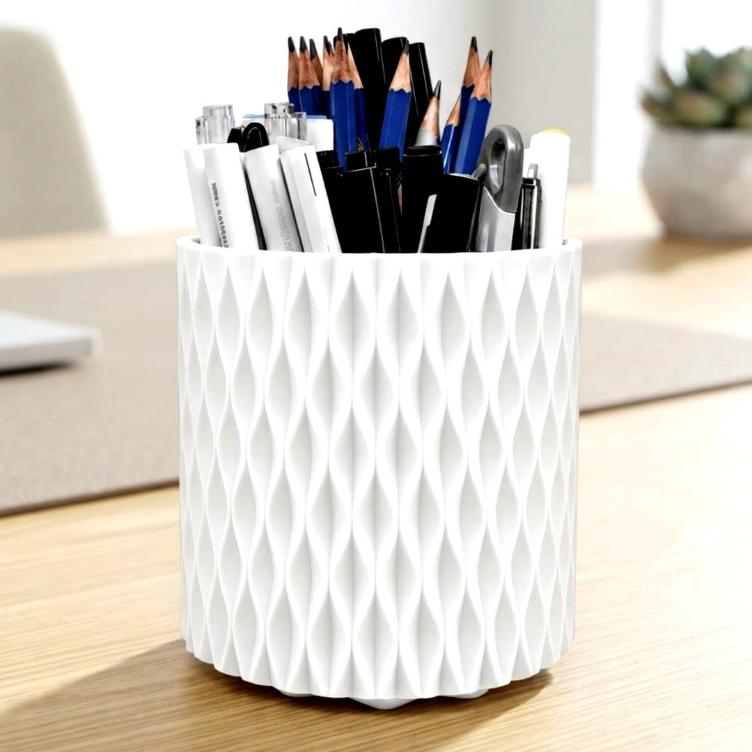360 Rotating Desk Pen Holder, White Ripple Pattern 5-Compartment Pencil Cup