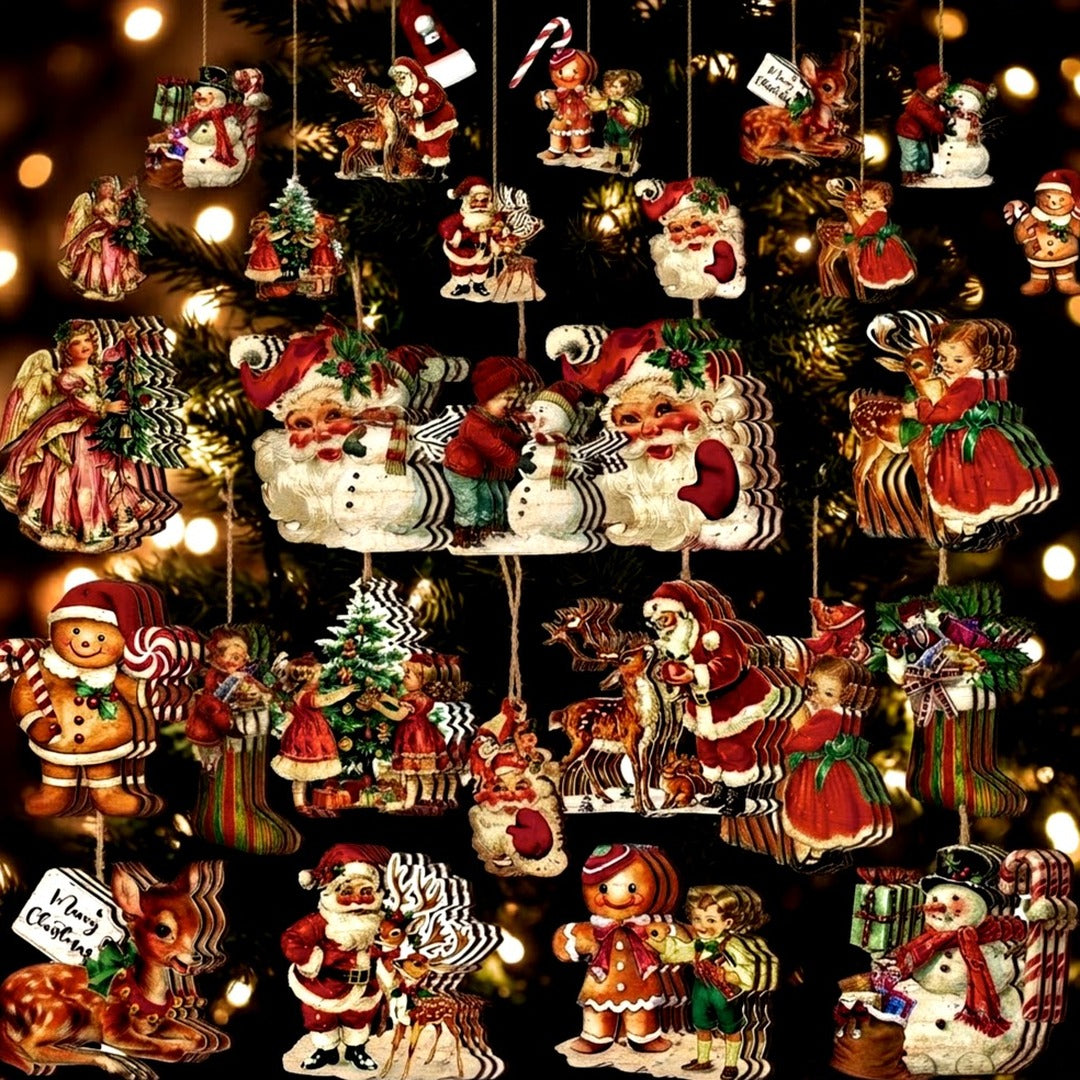 36-Piece Retro Wooden Christmas Tree Ornaments, Vintage Hanging Decor, Assorted Designs