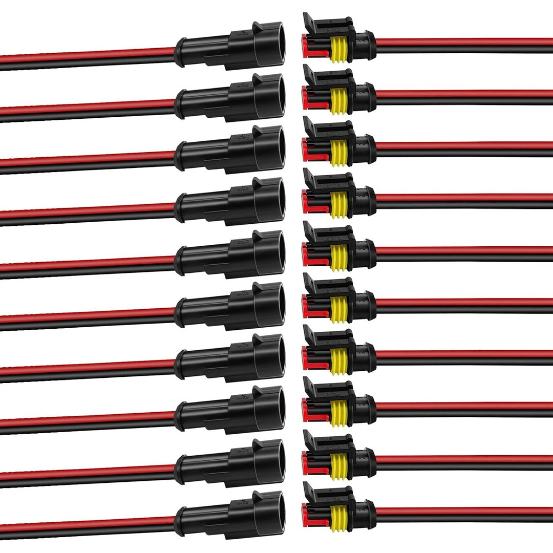 10-Set Waterproof Automotive Electrical Connectors, 16 AWG 2 Pin with Leads