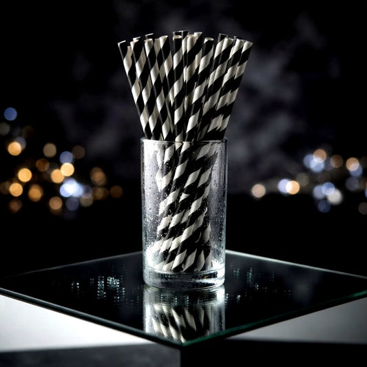 100-Pack Black and White Striped Paper Straws, 7.75 Inch Biodegradable