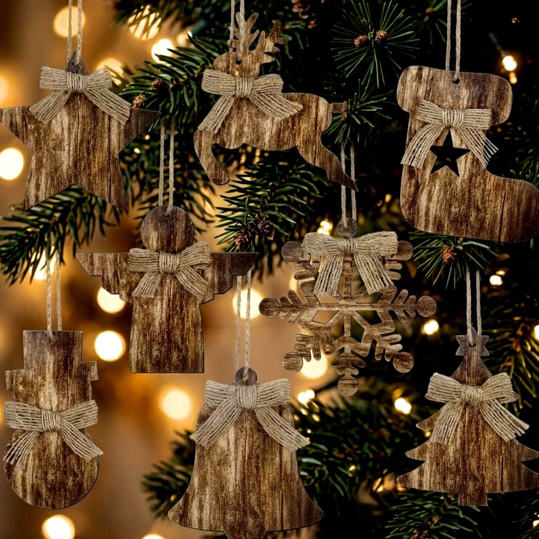 8-Piece Rustic Wooden Christmas Tree Ornaments, Vintage Farmhouse Hanging Decorations