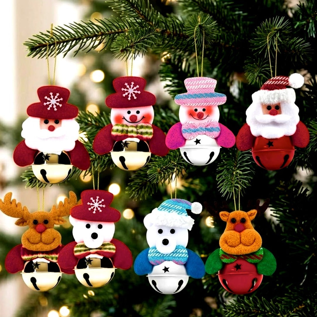 8-Piece Christmas Plush Bell Ornament Set, Santa and Bear Hanging Decorations