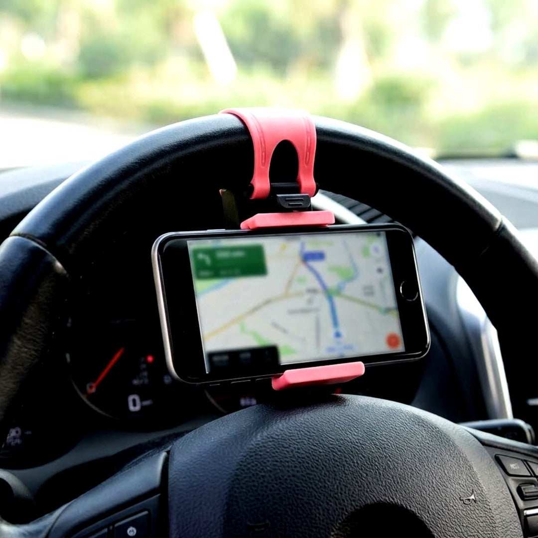 Car Steering Wheel Phone Holder, Universal Clip-On Mount for Smartphones up to 6.7 in