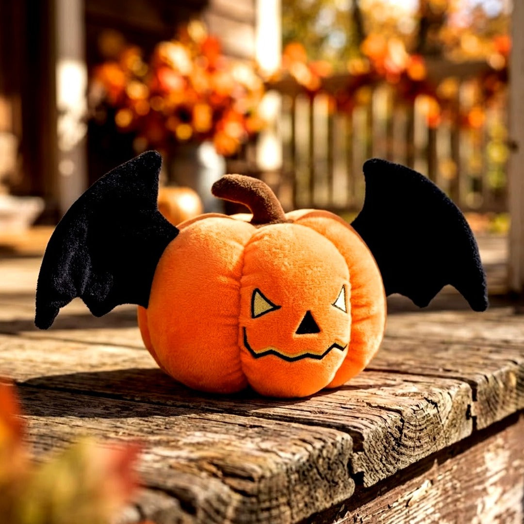 Halloween Pumpkin Squeaky Plush Dog Toy with Crinkle Wings for Puppies