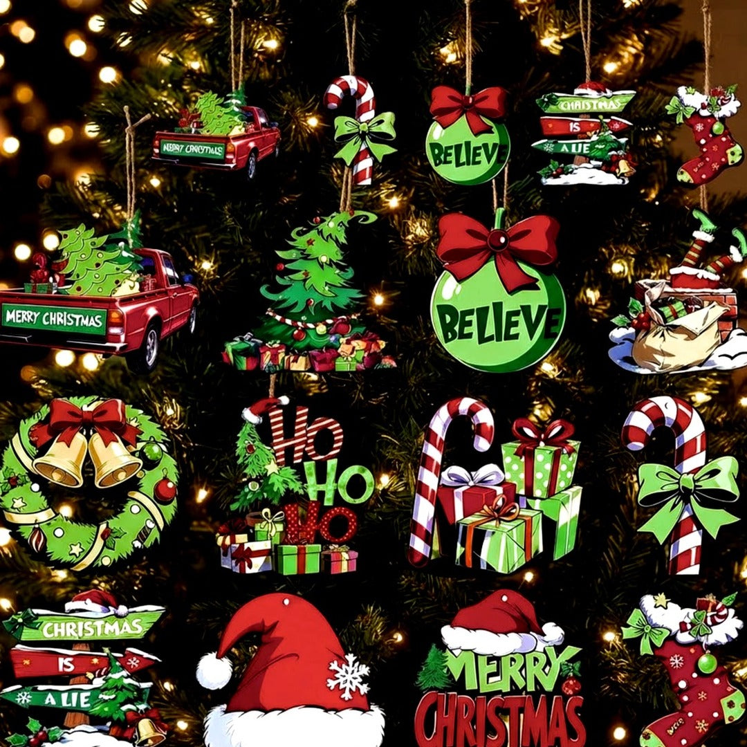 24-Piece Wooden Christmas Hanging Ornaments, Green Tree Decorations in Classic Patterns