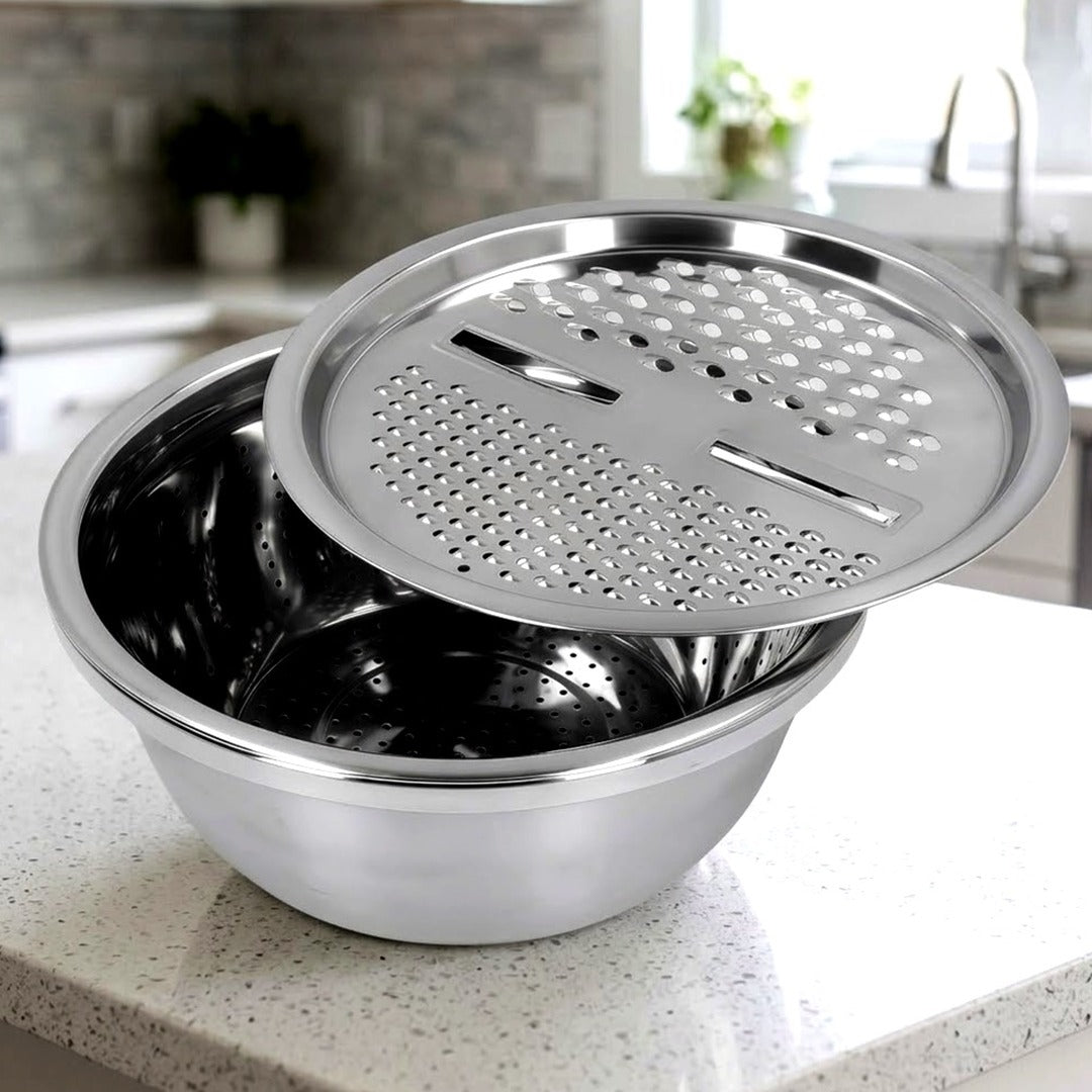 3-in-1 Stainless Steel Grater, Strainer and Drain Basket Salad Bowl, 10.5 Inch