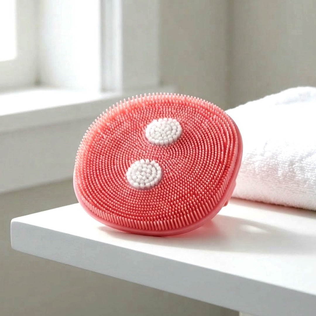 Silicone Body Scrubber with Flocked Bristles and Hand Strap, 5 Inch Pink