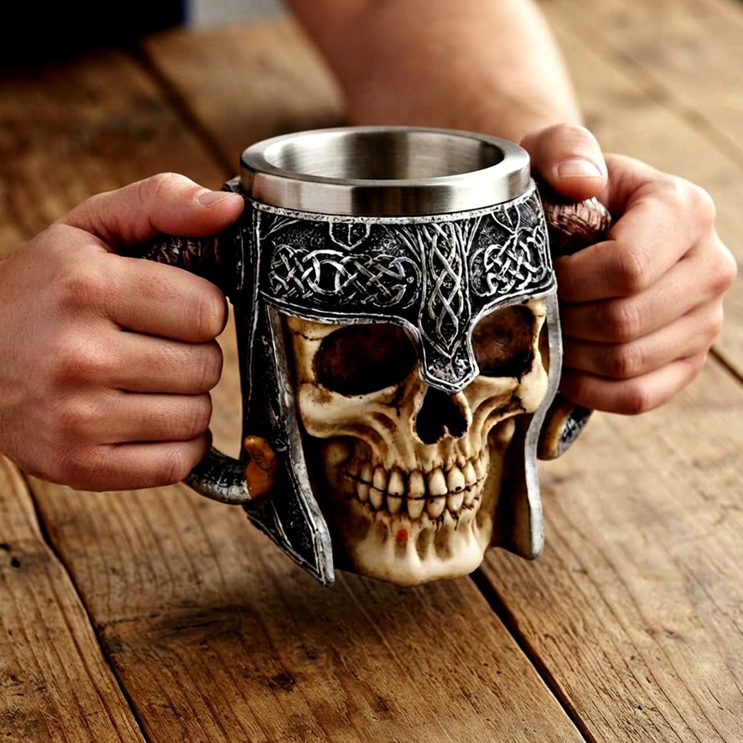 Stainless Steel Skull Mug, 18 oz Viking Skeleton Beer Stein with Double Handles