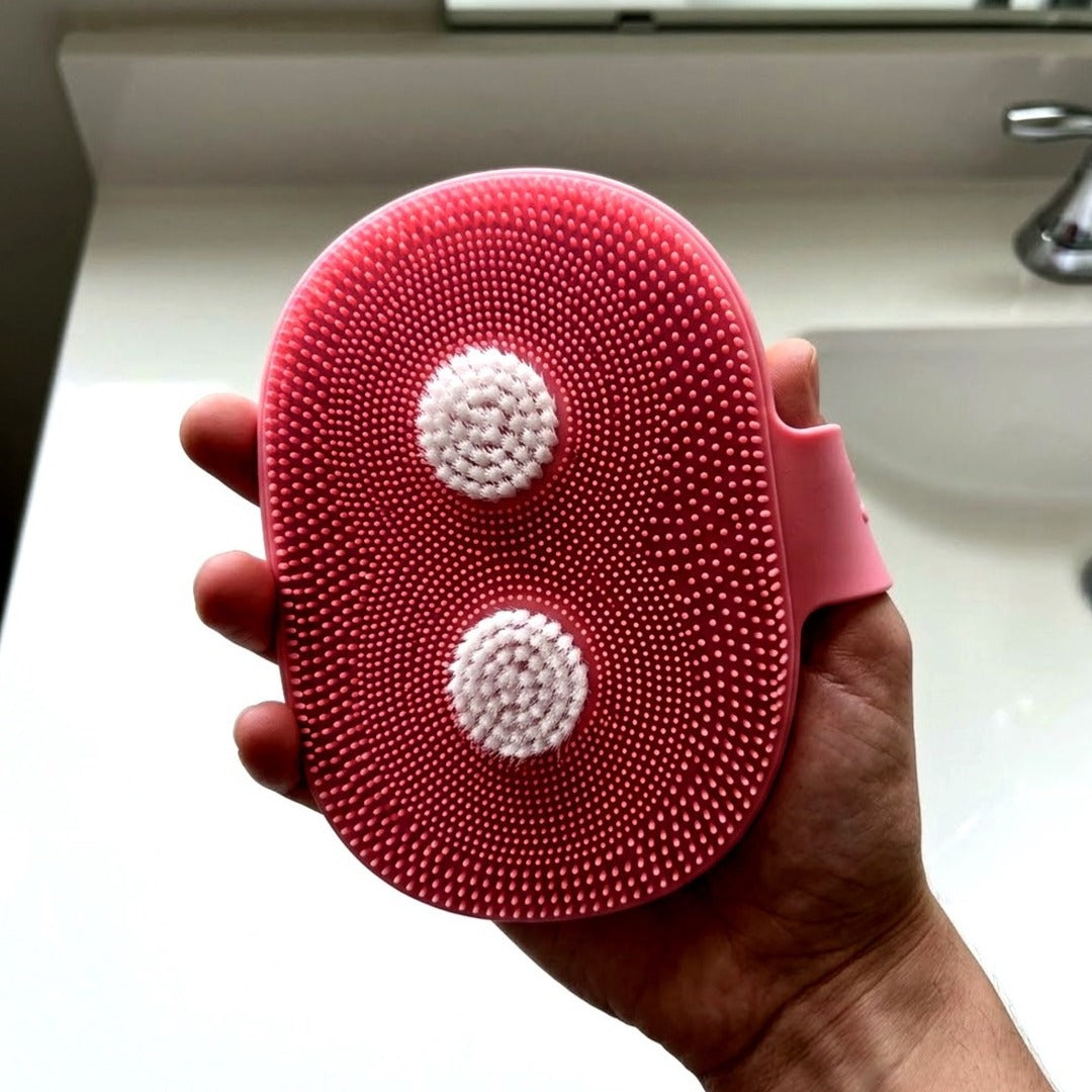 Silicone Body Scrubber with Flocked Bristles and Hand Strap, 5 Inch Pink