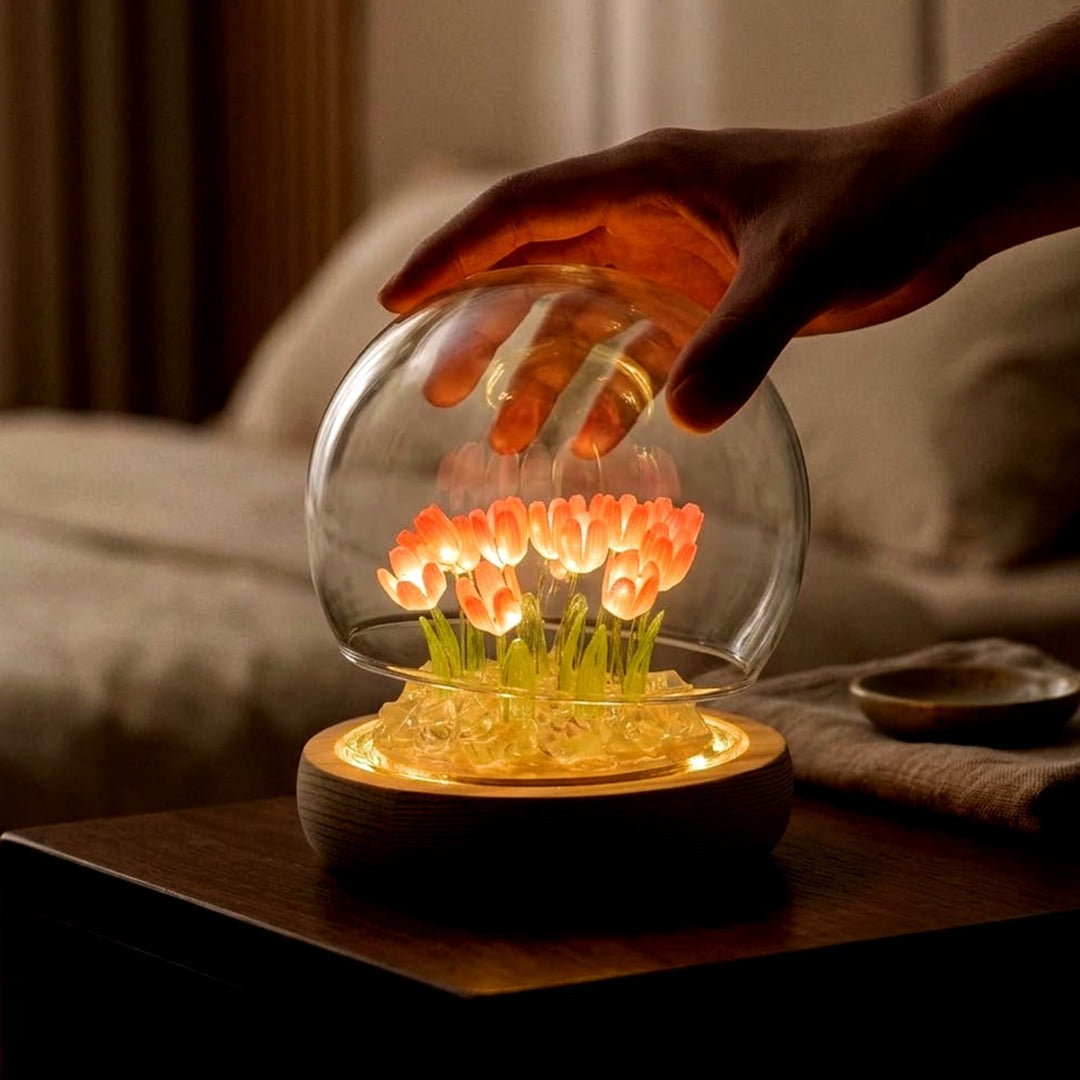 Tulip Flower Lamp with Glass Globe, LED Night Light Gift for Mom, Bedroom & Desk Decor