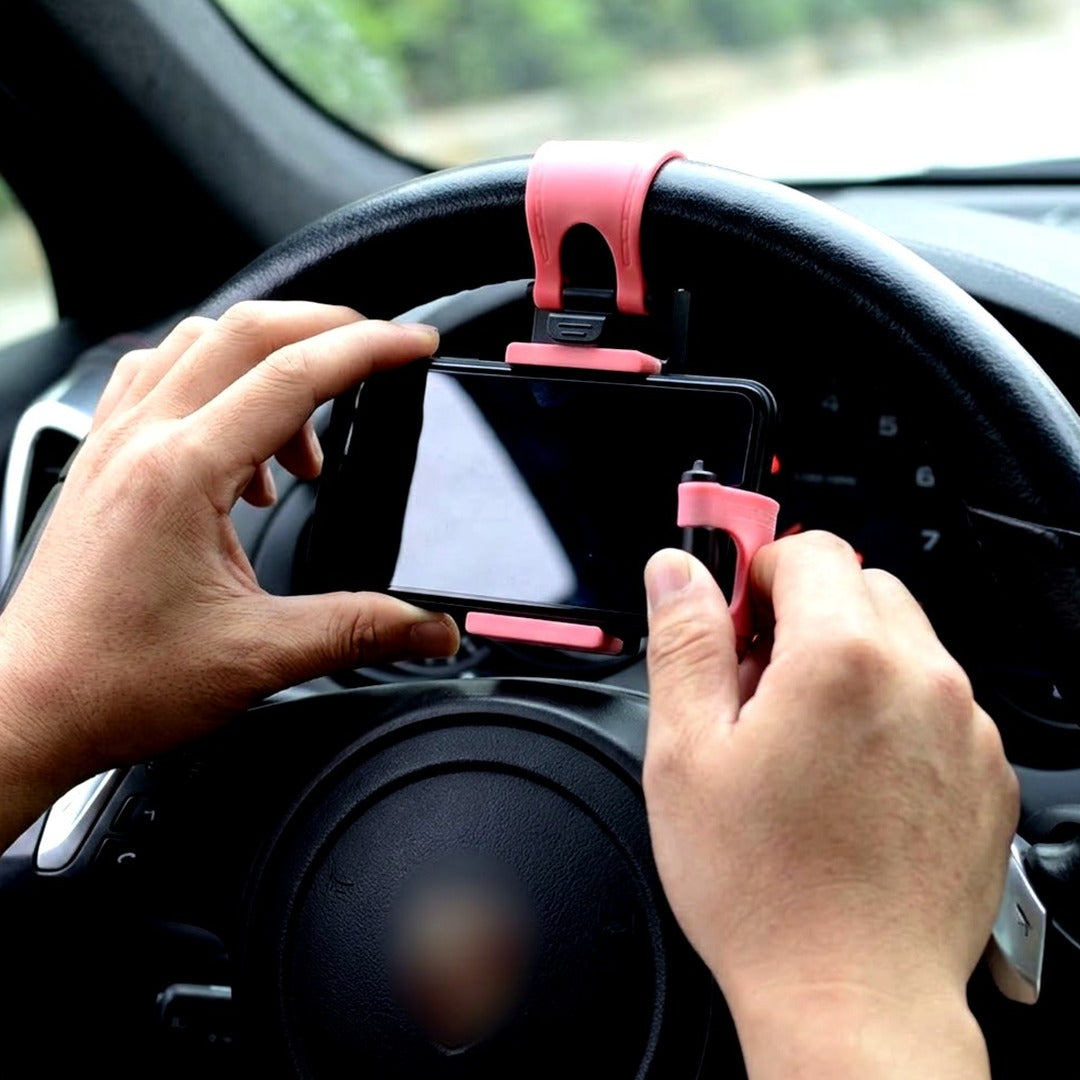 Car Steering Wheel Phone Holder, Universal Clip-On Mount for Smartphones up to 6.7 in