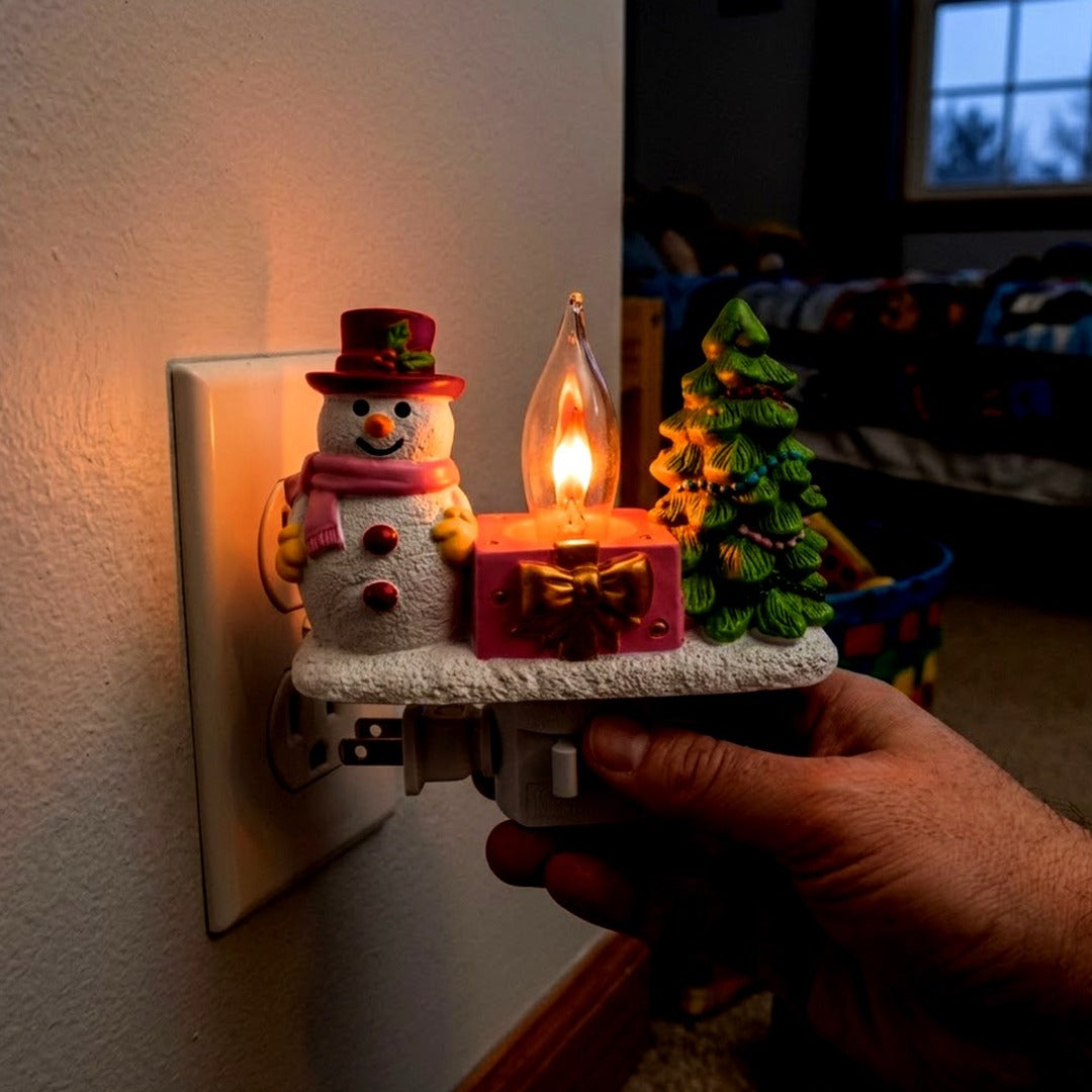 Snowman Christmas Plug-In Night Light, Flickering Campfire Lamp with Swivel Plug