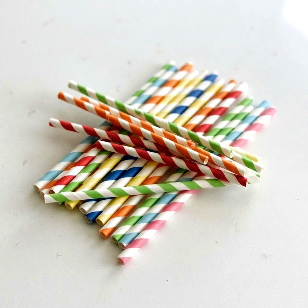 100-Pack Rainbow Striped Paper Straws, 10 Assorted Colors, Biodegradable Drinking Straws