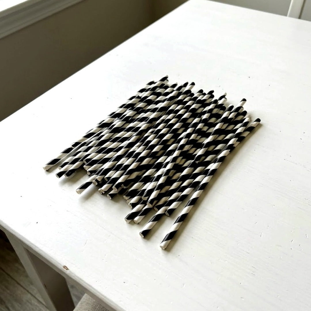 100-Pack Black and White Striped Paper Straws, 7.75 Inch Compostable Drinking Straws