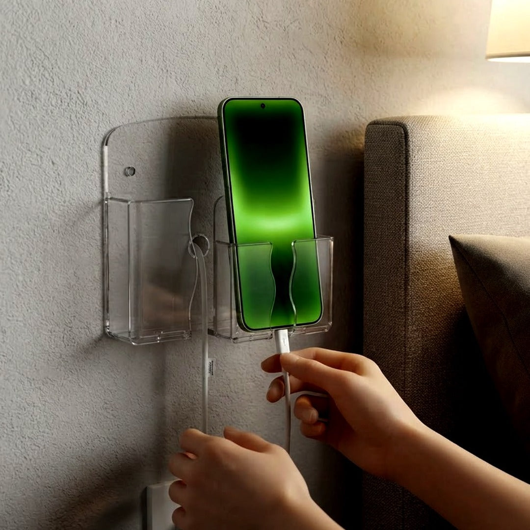 2-Pack Transparent Wall Mount Phone Holders with Charging Hole, Self-Adhesive Bedside Stand