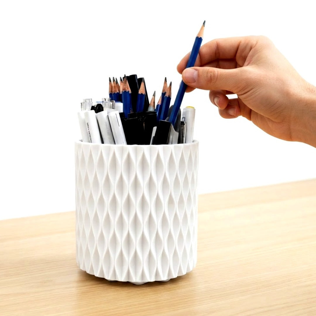 360 Rotating Desk Pen Holder, White Ripple Pattern 5-Compartment Pencil Cup