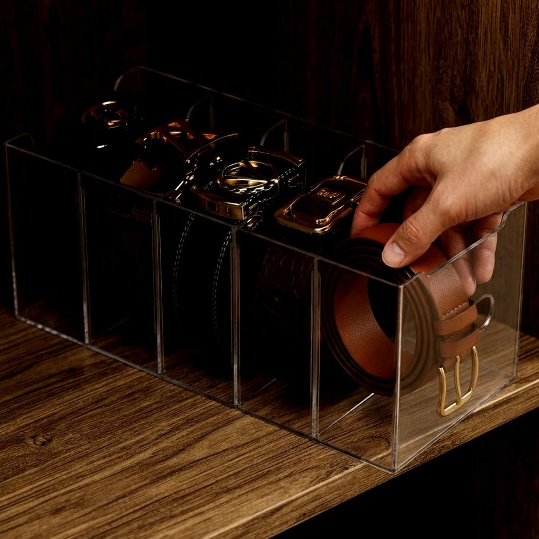 Clear Acrylic Organizer, 5-Compartment Belt Storage Holder for Closet or Pantry