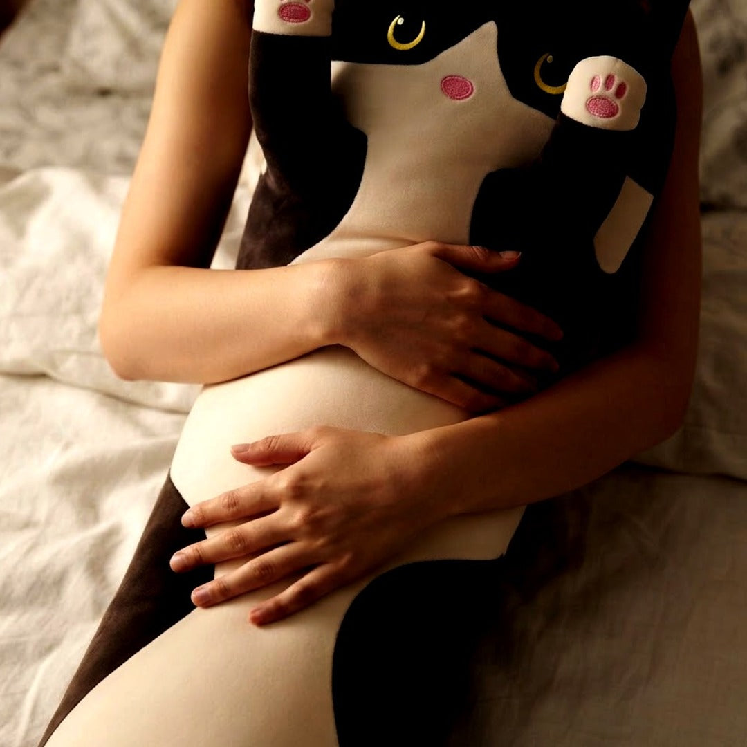 Black Cat Long Plush Pillow, 18 Inch Stuffed Animal Sleeping Throw Pillow