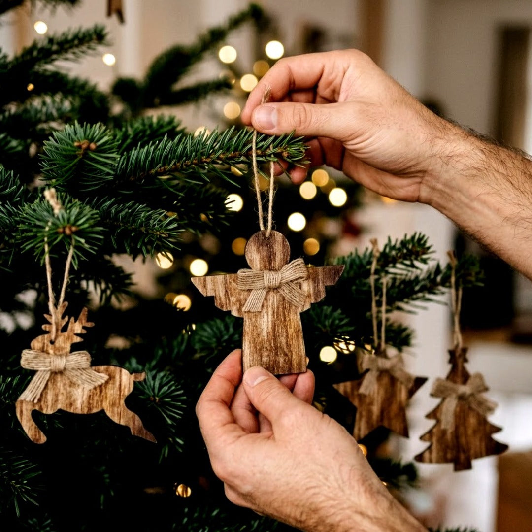 8-Piece Rustic Wooden Christmas Tree Ornaments, Vintage Farmhouse Hanging Decorations