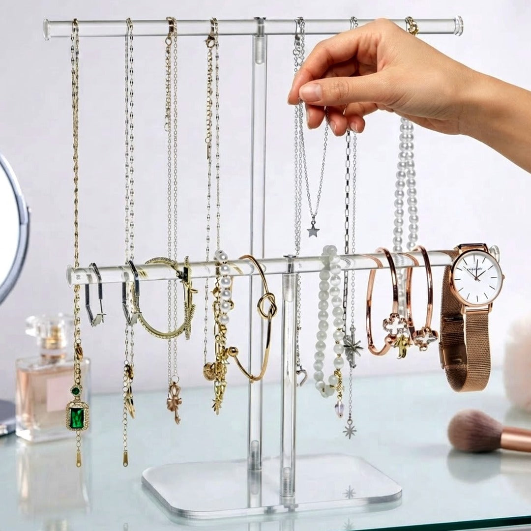 Solid Acrylic Necklace Holder Stand, 2-Tier Clear Jewelry Organizer