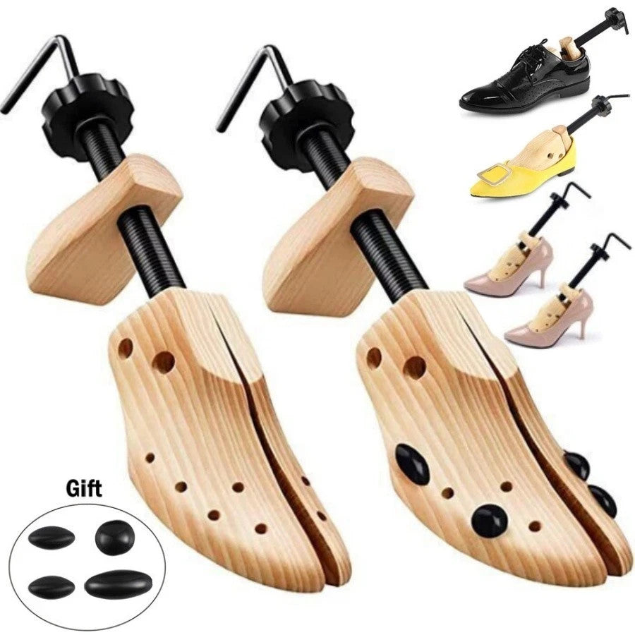 Shoe Care Kit: 2-Way Wooden Shoe Stretcher Pair + Pink Miracle 4 oz Cleaner with Brush