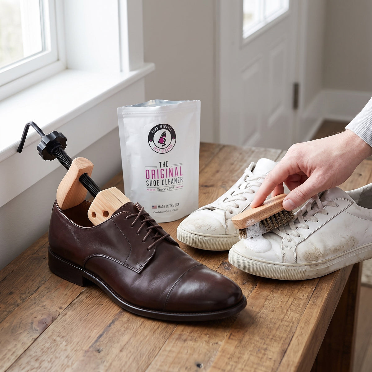 Shoe Care Kit: 2-Way Wooden Shoe Stretcher Pair + Pink Miracle 4 oz Cleaner with Brush